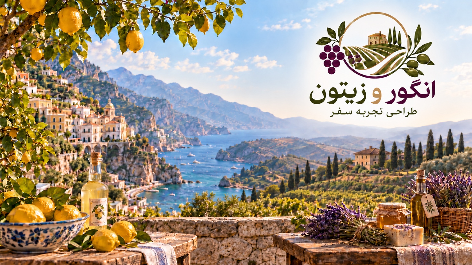 ترکیبی از چشم‌انداز ساحلی و طبیعت سبز با نشان فارسی انگور و زیتون